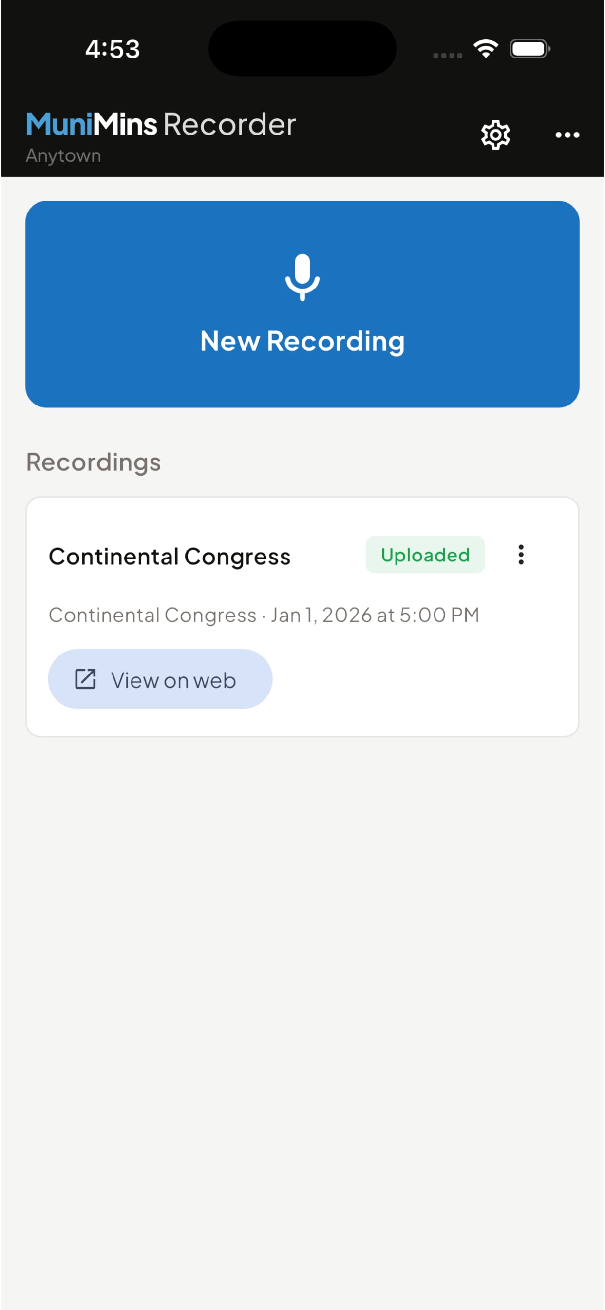 MuniMins Recorder App Main Screen MuniMins Recorder App Main Screen