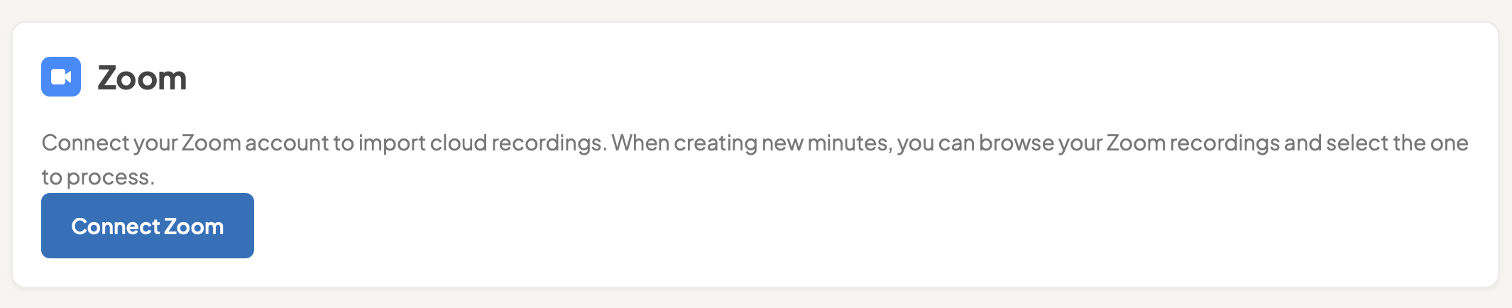 The Zoom card on the Integrations settings page with a Connect Zoom button