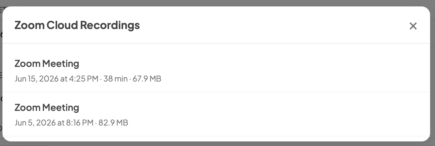 The Zoom Cloud Recordings list, showing each recording with its date, length and file size